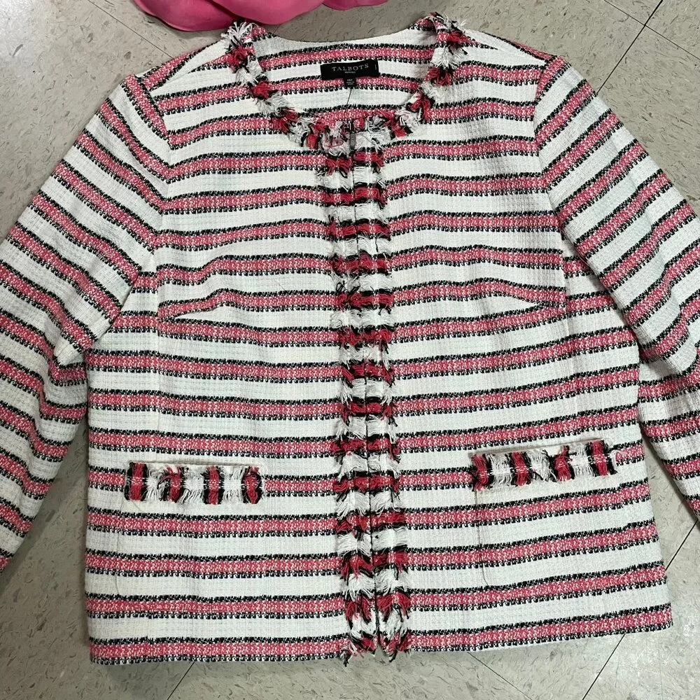 TALBOTS Petites Striped Fringe‎ Tweed Full Zip Blazer Jacket Sz 16P Corpcore